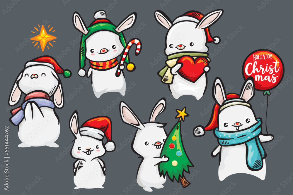 Cute Bunny Winter Collection. set of funny rabbits with christmas gifts