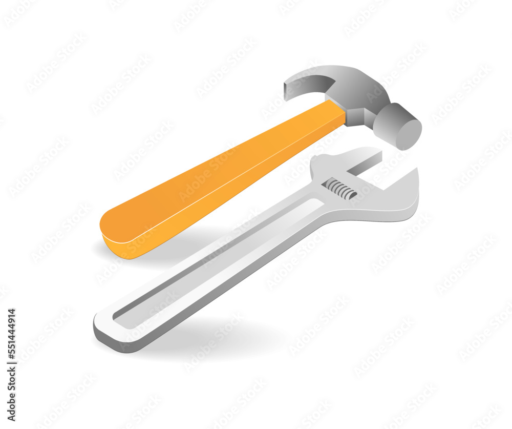 Isometric flat 3d concept illustration of a pair of hammer and wrench Isometric flat 3d concept illustration of a pair of hammer and wrench