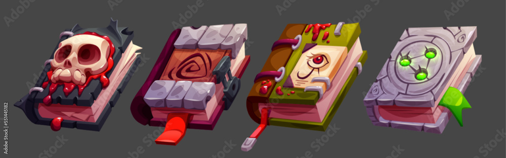 custom made wallpaper toronto digitalOld magic books with fantasy covers of stone and wood with skull, blood drips, eye symbol and gems. Vintage witches books of spells, vector cartoon illustration