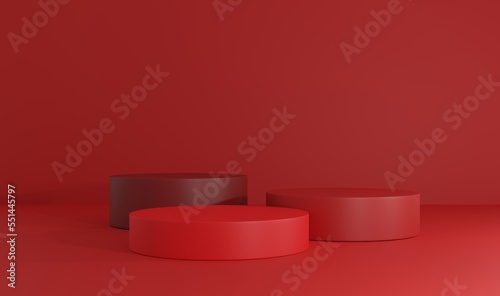 Red gradient cylindrical podium for product display, perfume, promotion, price reduction, presentation, cosmetics. 3D rendering.