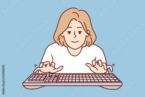 Young woman with typing keyboard looks at screen while typing e-mail message. Girl blogger or internet programmer working in casual clothes fulfilling order from freelance exchange. Flat vector image 