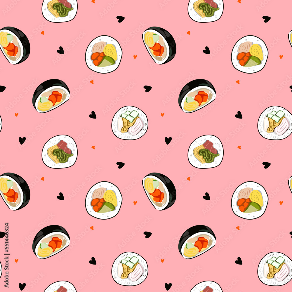 Korean Food Kimbap Also Known As Gimbap Seamless Vector Pattern For korean-food-kimbap-also-known-as-gimbap-seamless-vector-pattern-for