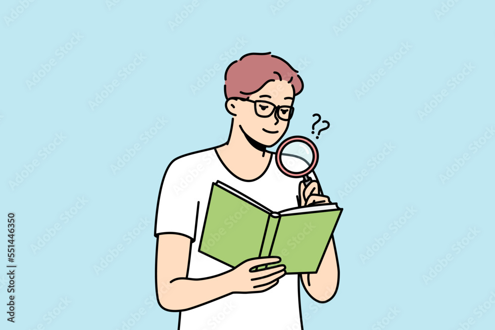 Spectacled young man reading book, studying using magnifying glass. Guy with poor eyesight is trying to view small text in coursebook with loupe. Boy with magnifier. Vector minimalistic modern design.