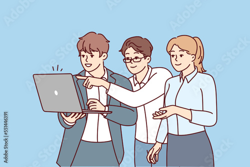 Woman and two men dressed in business style stand with laptop while studying site. Startup employees are discussing project looking at presentation of software in computer. Flat vector image