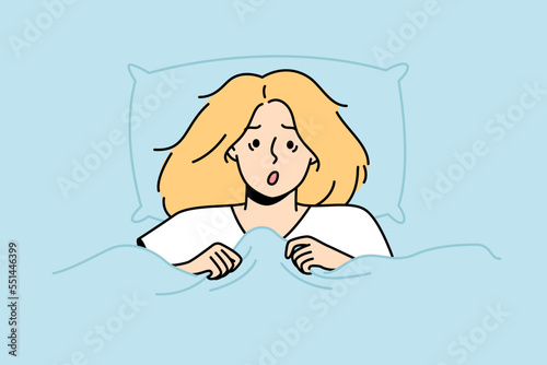 Portrait of shocked blonde lying in bed at home. Astonished woman peeks out from blanket. Girl woke up in horror after nightmare in dream. Insomnia vector outline illustration isolated on blue.