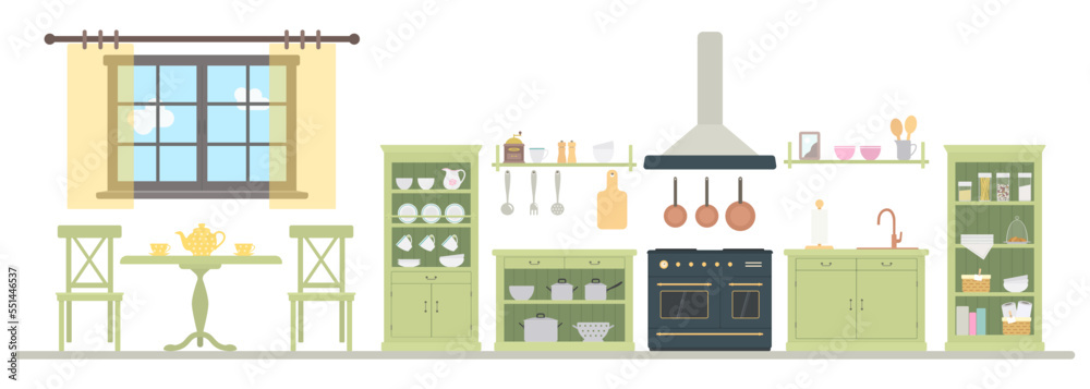 Provence style green kitchen with kitchen utensils. Wooden furniture. Rustic interior concept. Cartoon flat style. Vector illustration