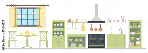 Fototapeta Naklejka Na Ścianę i Meble -  Provence style green kitchen with kitchen utensils. Wooden furniture. Rustic interior concept. Cartoon flat style. Vector illustration