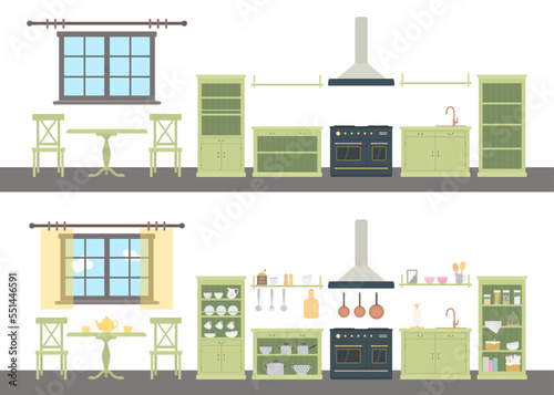 Fototapeta Naklejka Na Ścianę i Meble -  Green kitchen in Provence style is empty and with utensils.Wooden furniture. Rustic interior concept. Cartoon flat style. Vector illustration