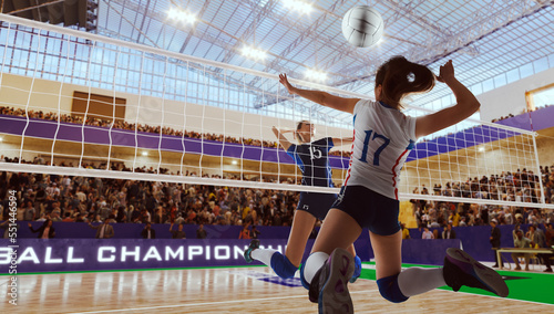 Female volleyball players in action on professional stadium.
