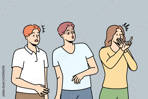 People watch unpleasant event in fear and excitement. Men, woman look at someone, disapproving, empathizing, trying to prevent what is happening. Vector line art multicolored illustration.