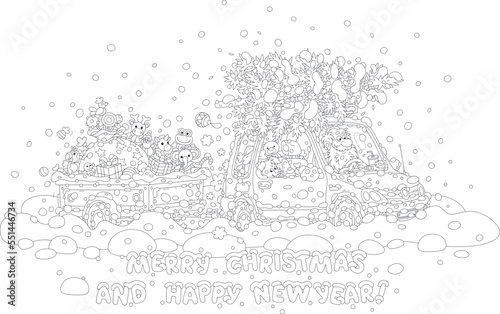 Fototapeta Naklejka Na Ścianę i Meble -  Happy New Year and merry Christmas card with Santa driving his car with a fir tree and a trailer full of gifts, sweets and toys through snowdrifts and snowfall on a winter road