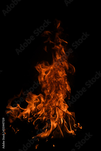 Fire flames on black background. Fire burn flame isolated, abstract texture. Flaming effect with burning fire.