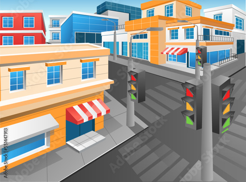Flat concept 3d isometric illustration background perspective corner of modern city crossroad