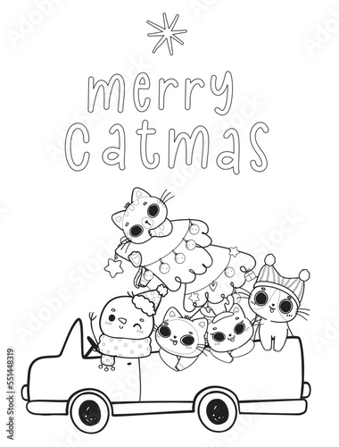 kawaii Christmas kitten cat and friends in truck car outline transparent collection on white background, cartoon animal doodle hand drawing vector