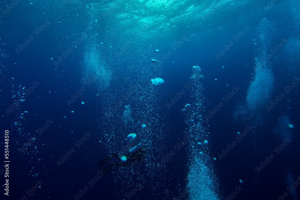  underwater bubbles, water bubbles. Safety stop on diving. Red Sea, Egypt. 
