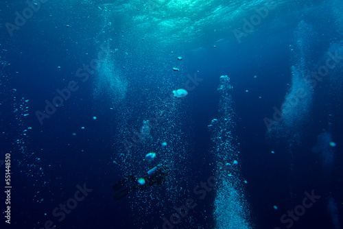  underwater bubbles, water bubbles. Safety stop on diving. Red Sea, Egypt. 
