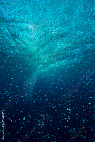  underwater bubbles, water bubbles. Safety stop on diving. Red Sea, Egypt. 