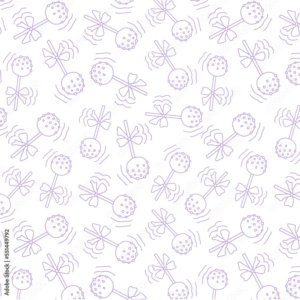 doodle pattern, background with cake pops for a cafe, cafeteria, children's holiday on a white background with purple, lilac lines