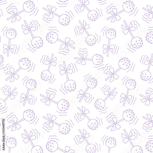 doodle pattern, background with cake pops for a cafe, cafeteria, children's holiday on a white background with purple, lilac lines © Julia