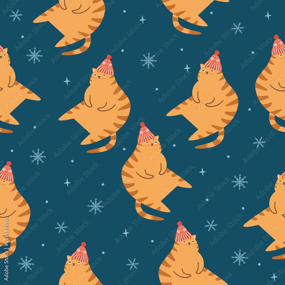 Seamless vector pattern for New Year's design. Red fat cat in a winter hat discontentedly looking at the snow.
