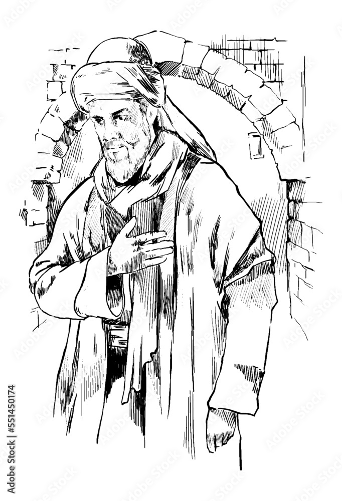 A hand-drawn illustration of a dervish saluting in front of an ancient arched stone building. Charcoal drawing technique or engraving.