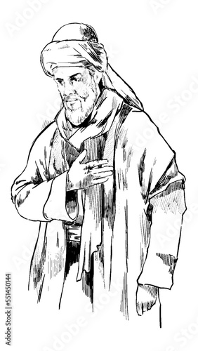 A hand-drawn illustration of a period dervish in ancient clothing depicting the moment he salutes. Charcoal drawing technique or engraving.