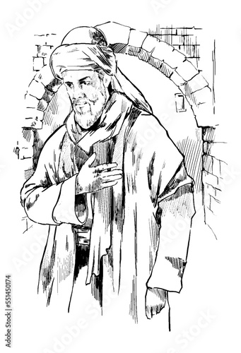 A hand-drawn illustration of a dervish saluting in front of an ancient arched stone building. Charcoal drawing technique or engraving.