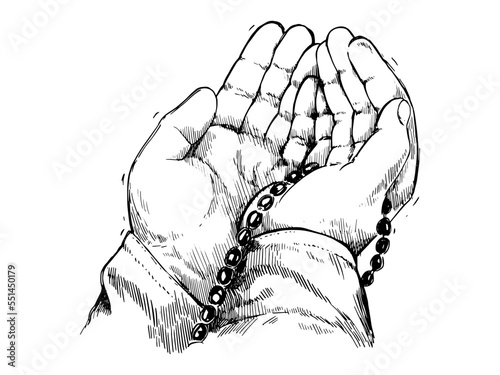 A hand drawn illustration showing the hand and rosary details of a praying muslim with open hands. Charcoal drawing technique or engraving.
