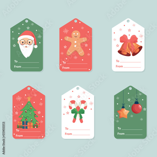 Christmas gift tags template set with Santa, bells, candy cone, christmas tree, christmas ornaments and gingerbread