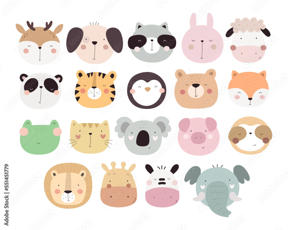 Fototapeta premium Cartoon set with cute animals. Hand drawing illustration. baby design for cards, print, poster