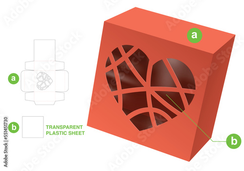 packaging box with heart window die cut template and 3D mockup photo