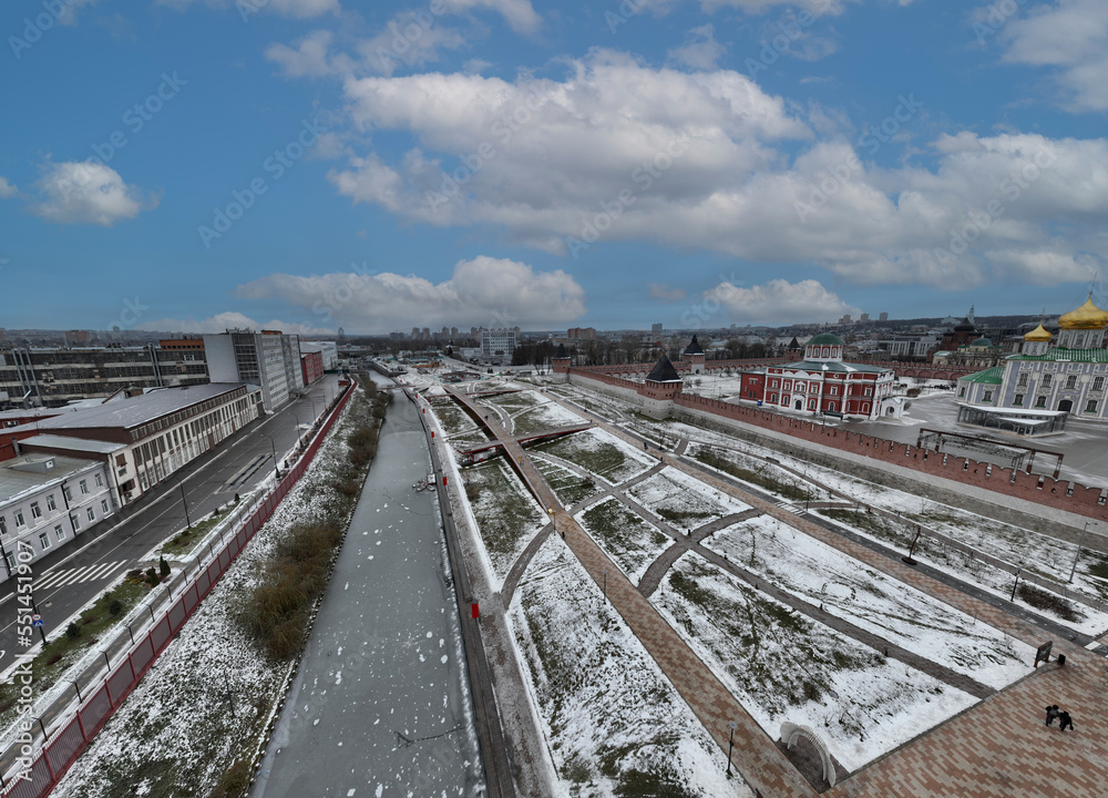 panoramic view from a drone on the historical part of the city of Tula on a winter day