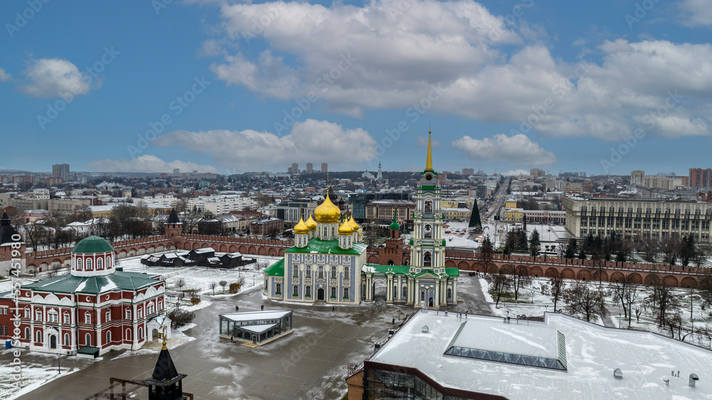 panoramic view from a drone on the historical part of the city of Tula on a winter day
