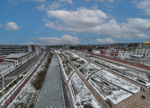 panoramic view from a drone on the historical part of the city of Tula on a winter day