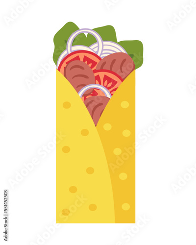 Carne asada mexican fastfood burrito in flat style. Perfect for tee, stickers, menu and stationery. Isolated vector illustration for decor and design.