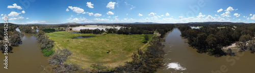 Twin city straddling the Murray River border of the two south-eastern Australian states of New South Wales and Victoria  the 360 degree aerial photography from drone.