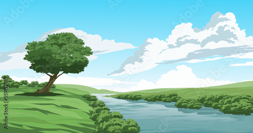 Sunny day landscape in rural countryside with river