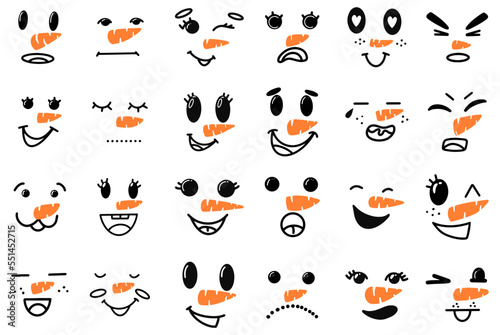 Cute snowman faces - vector collection. Vector Collection of Cute Snowman Faces. Cartoon Funny Doodle Snowman Head Face with Different Emotions Set. Winter Holidays, Christmas and New Year Design.