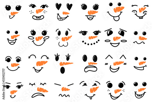 Cute snowman faces - vector collection. Vector Collection of Cute Snowman Faces. Cartoon Funny Doodle Snowman Head Face with Different Emotions Set. Winter Holidays, Christmas and New Year Design.