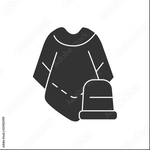 Mucho poncho glyph icon. Outerwear. Fashionable warm cloth repair. Thimble. Clothing repair concept. Filled flat sign. Isolated silhouette vector illustration