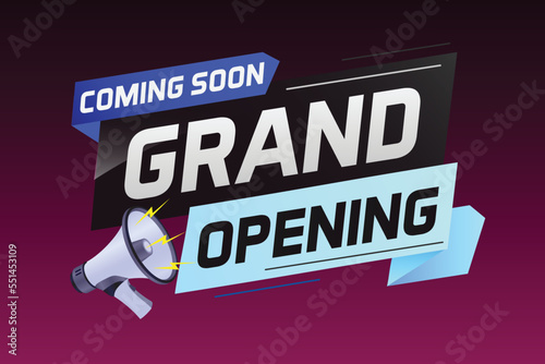 coming soon grand opening word concept vector illustration with megaphone and 3d, web, mobile app, poster, banner, flyer, background, gift card, coupon, label, wallpaper	