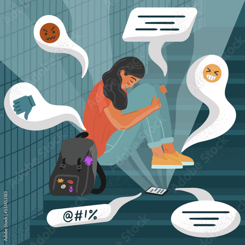 Teenage girl in depression and crying after reading comments and hate messages in her phone. Online cyberbullying concept vector poster. Cyber harassment, hate and abuse messages in social media photo