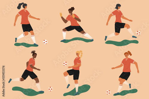 Women's football players control the ball, characters vector set. Female soccer players isolated figures with ball. Girls kicking the ball and making tricks