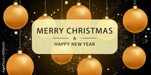 Merry Christmas and Happy New Year. Greeting card or banner template with realistic gold christmas balls and sparkles on black background. Vector illustration.