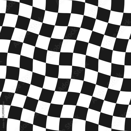 Groovy psychedelic wavy chessboard seamless pattern. Hippie twisted gingham checkerboard background. Checker retro psychedelic seamless texture. Vector illustration isolated on white background.