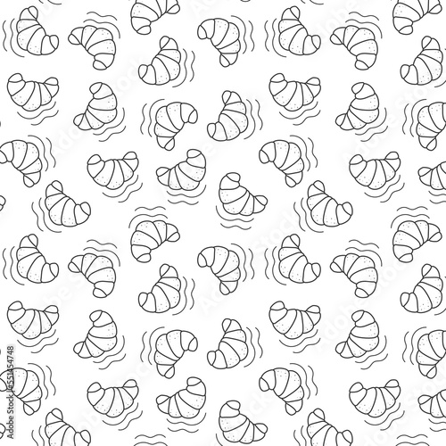 doodle pattern, background with croissants for a cafe, cafeteria, bakery on a light background with dark lines