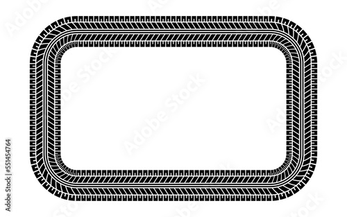 Auto tire tread rectangle frame. Car and motorcycle tire pattern, wheel tyre tread track print. Black tyre square border. Vector illustration isolated on white background.