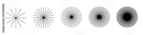 Radial circle lines. Circular radiating lines geometric element. Sun star rays symbol. Abstract geometric shapes. Design element. Vector illustration isolated on white background.