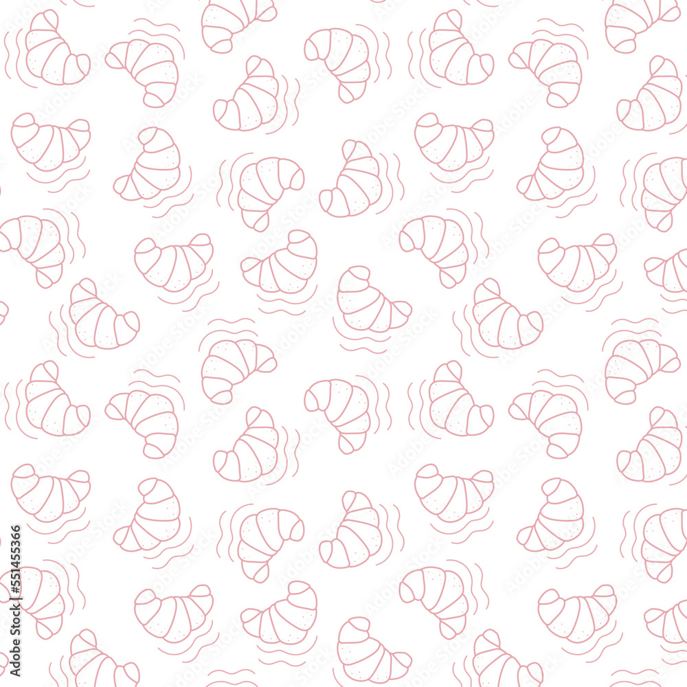 doodle pattern, background with croissants for a cafe, cafeteria, bakery on a light background with pink lines