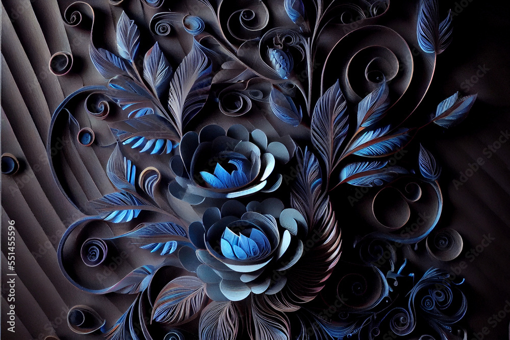 Blue and Black Flowers made of Paper. generative ai Blue and Black Flowers made of Paper. generative ai